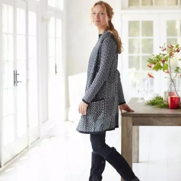 JJill Patchwork Knit Duster Cardigan Black and White Open Front - Picture 1 of 6